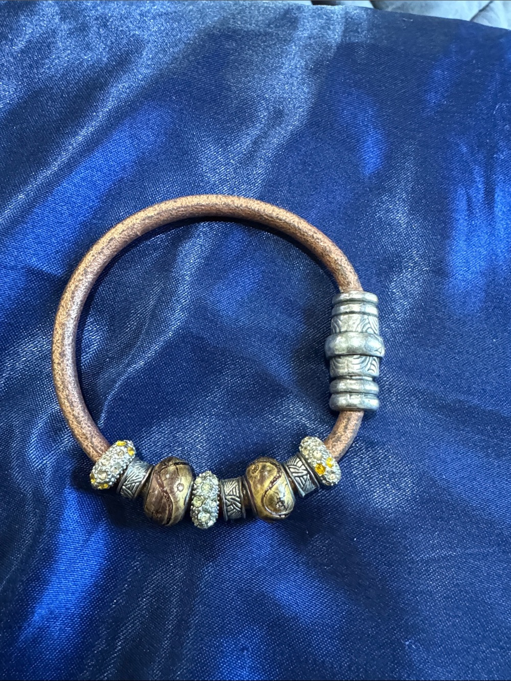 Women's Brown Leather Bead Bracelet with Gold and Silver Accents